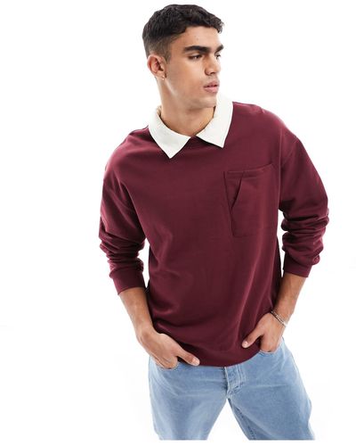 ASOS Oversized Rugby Polo Sweatshirt With Faux Collar - Red