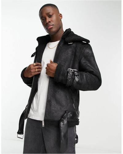 ADPT Faux Shearling Aviator Jacket With Buckle Detail - Black