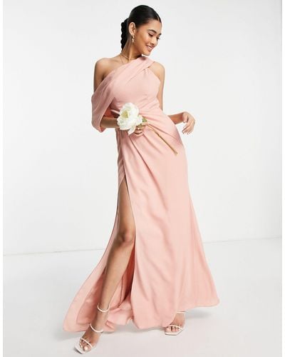 ASOS Bridesmaid Fallen Shoulder Maxi Dress With Pleat Detail Skirt - Pink