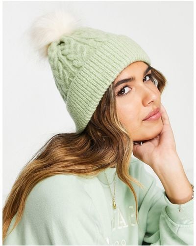 ASOS Cable Knit Beanie With Faux Fur Pom - Green