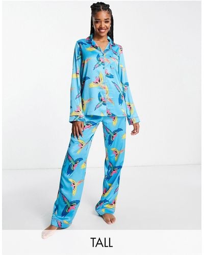 Chelsea Peers Premium - Satijnen Pyjamaset Van Top Met Reverskraag En Broek - Blauw