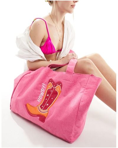 South Beach Cowboy Boot Towelling Tote Bag - Pink