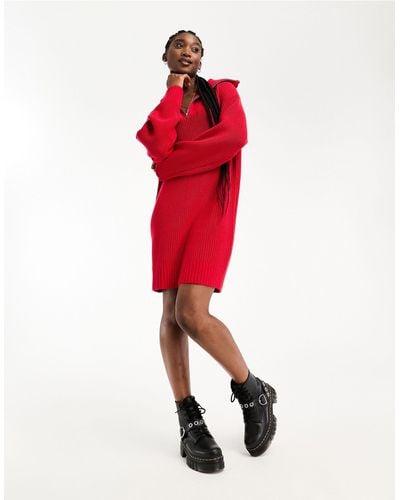 Weekday Grace Half Zip Mini Jumper Dress - Red