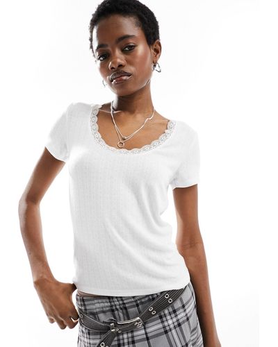 Monki Pointelle Top With Scoop Neck And Lace Trim - White