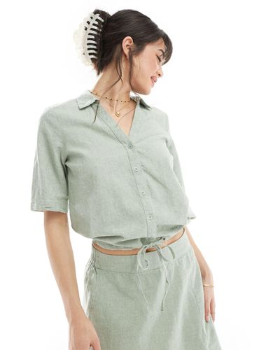 Vero Moda Short Sleeve Cropped Linen Shirt Co-ord - Green
