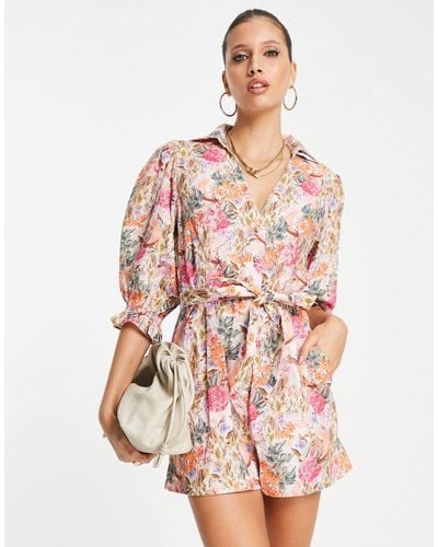 & Other Stories Relaxed Playsuit With Tie Waist And Puff Sleeves - Pink