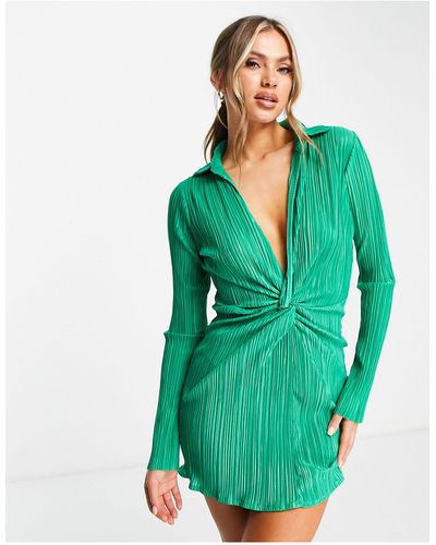 Missy Empire Exclusive Plisse Wrap Front Long Sleeve Mini Dress - Green
