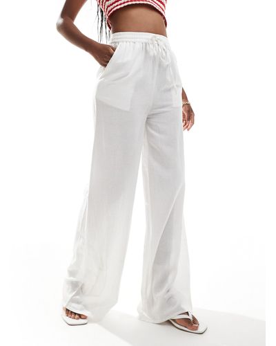 In The Style Linen Look Wide Leg Drawstring Trousers - White