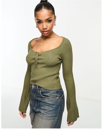 Miss Selfridge Lace Up Detail Sweetheart Neck Flare Sleeve Knit Rib Top - Green