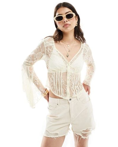 Miss Selfridge Western Lace Flared Sleeve Button Through Blouse - White