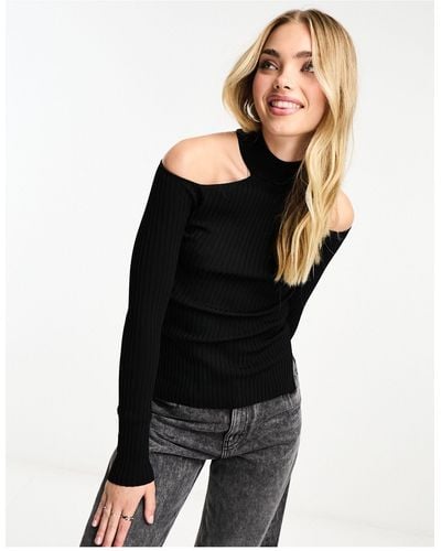 Pull&Bear Choker Detail Cold Shoulder Long Sleeved Top - Black