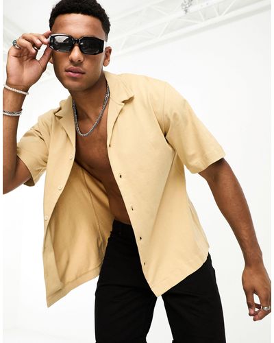 Jack & Jones Premium - chemise oversize en jersey épais avec col à revers - beige - Noir