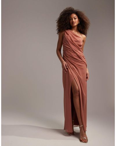 ASOS Bridesmaids One Shoulder Draped Maxi Dress With Split - Brown