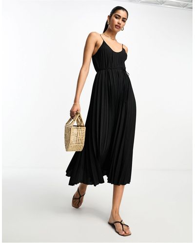 Mango Scoop Neck Pleated Midi Dress - Black