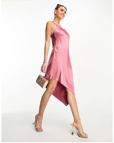 Flounce London Asymmetric Satin Midi Slip Dress - Pink