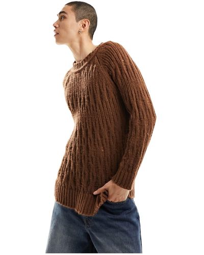 Collusion Knit Laddered Crew Neck Sweater - Brown