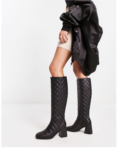 Monki Knee High Quilted Heeled Boot - Black