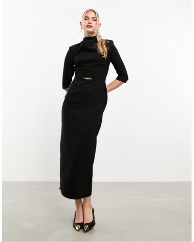 ASOS High Neck Cut Out Waist Midi Dress With Trim Detail - Black