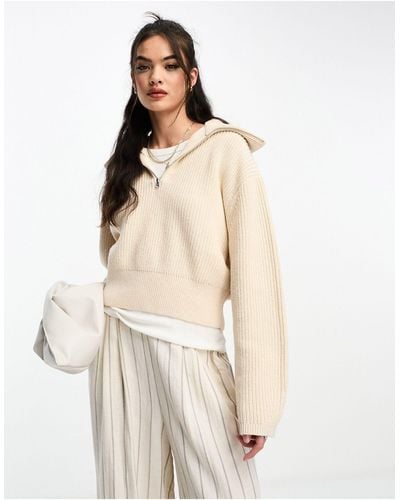 & Other Stories Merino Wool Blend Knitted Chunky Rib Half Zip Sweater - Natural