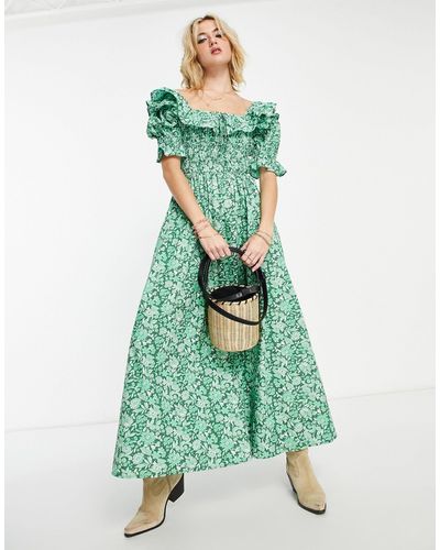 Reclaimed (vintage) Inspired - robe mi-longue à manches bouffantes et imprimé floral - Vert