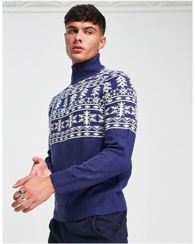 Another Influence Fairisle Half Zip Christmas Sweater - Blue