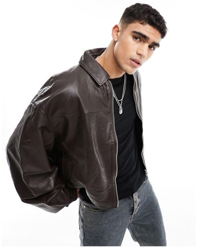 ASOS Extreme Oversized Real Leather Harrington Jacket - Gray