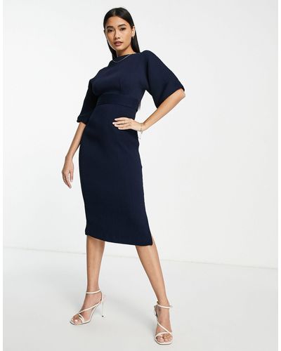 Closet Ribbed Pencil Dress With Tie Belt In - Blue