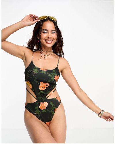 Collusion Blurred Floral Cut Out Swimsuit - Brown