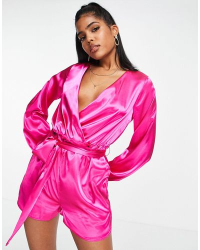 In The Style X Perrie Sian Wrap Front Belted Playsuit - Pink