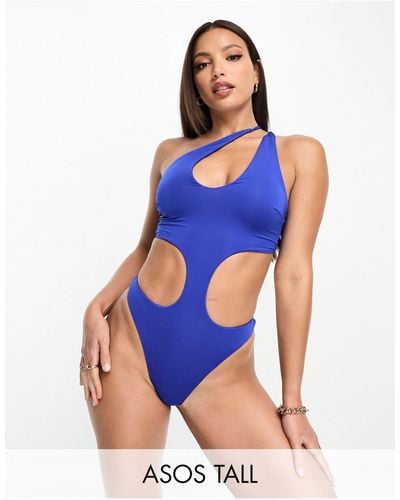 ASOS Asos Design Tall One Shoulder Asymmetric Cut Out Swimsuit - Blue