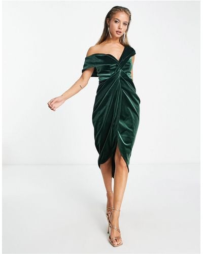 ASOS Off Shoulder Twist Front Wrap Velvet Midi Dress - Green