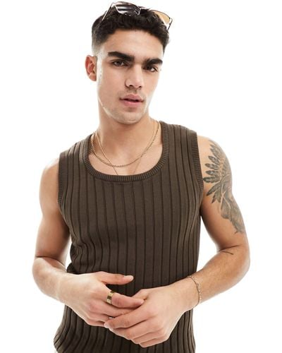 ASOS Muscle Fit Lightweight Knitted Rib Scoop Neck Vest - Brown