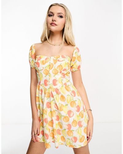 Miss Selfridge – korsett-minikleid aus popeline mit zitrusfrucht-print und puffärmeln - Mettallic