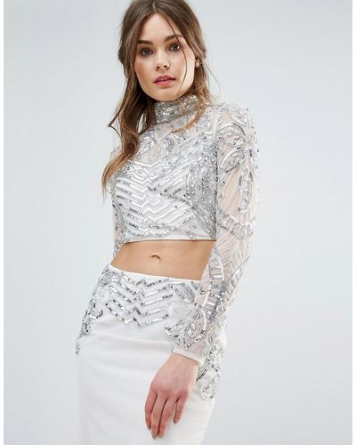 Frock and Frill Mesh Embellished Crop Top Co-ord - Multicolor