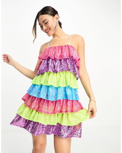 Collective The Label Esclusiva - vestito corto a balze arcobaleno con paillettes - Rosa