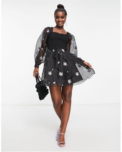 Miss Selfridge Shirred Organza Mini Dress With Embroidery - Black