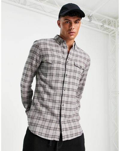 French Connection Long Sleeve 2 Pocket Check Flannel Shirt - Gray
