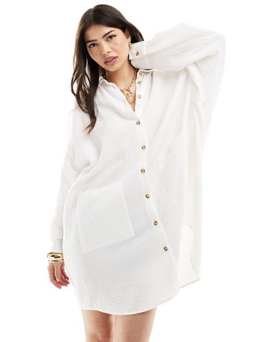 ASOS Double Cloth Oversized Shirt Dress With Dropped Pockets - White