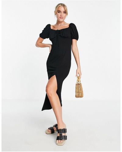 New Look Ruched Bust Puff Sleeve Midi Dress With Side Split - Black