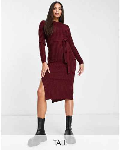 Brave Soul Tall Eddie Knitted Dress With Slit - Red