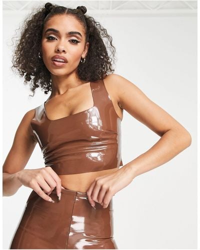 Commando Co-ord Faux Leather Patent Crop Top - Brown