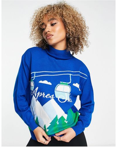 Threadbare Ski High Neck Printed Jumper - Blue