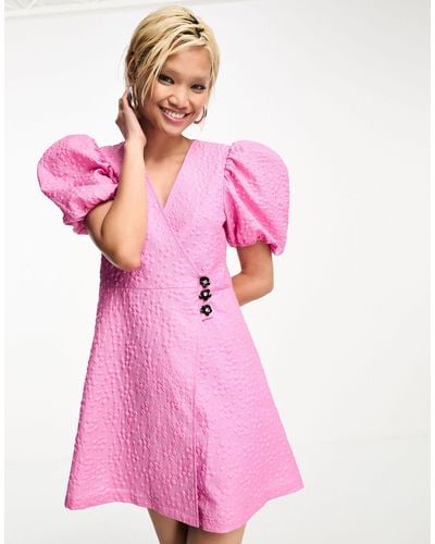 Sister Jane Flower Embellished Puff Sleeve Wrap Mini Dress - Pink