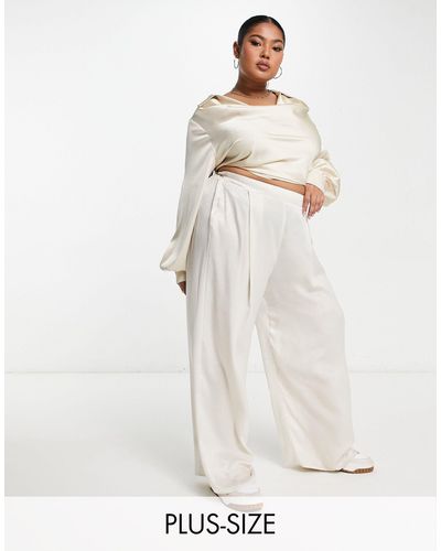Yours Wide Leg Satin Pants - Natural