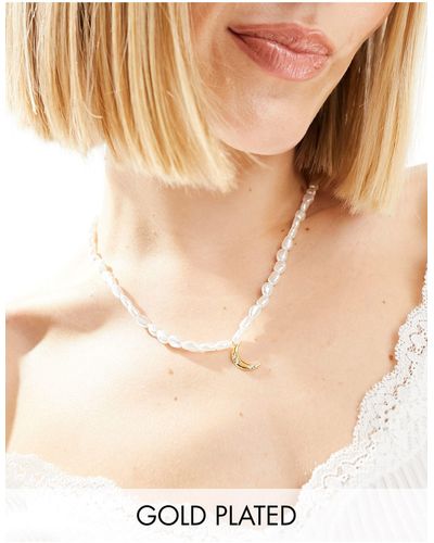 Orelia Plated Pearl & Moon Charm Necklace - Metallic