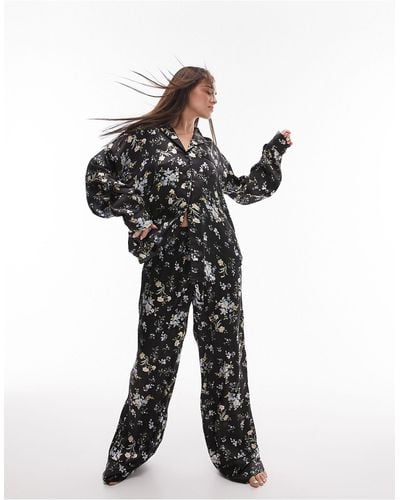 TOPSHOP Floral Print Satin Piped Shirt And Trouser Pajama Set - Black