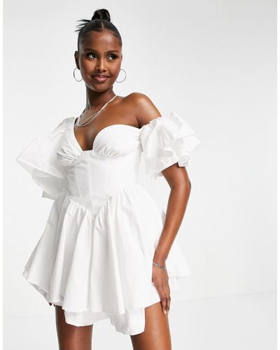 ASOS One Shoulder Cotton Dress With Corset Detail And Ruffles - White