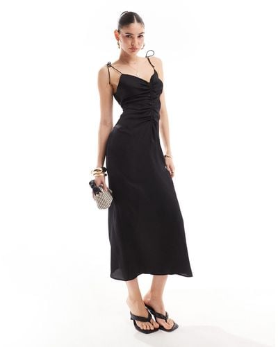 Bershka Ruched Front Satin Maxi Dress - Black