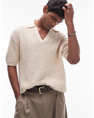 TOPMAN Knitted Cotton Revere Polo - Natural