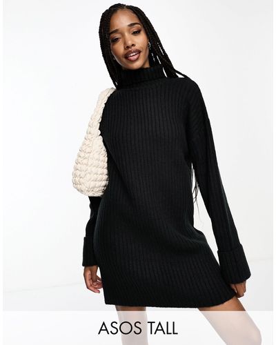 ASOS Asos Design Tall Knitted Sweater Mini Dress With High Neck - Black